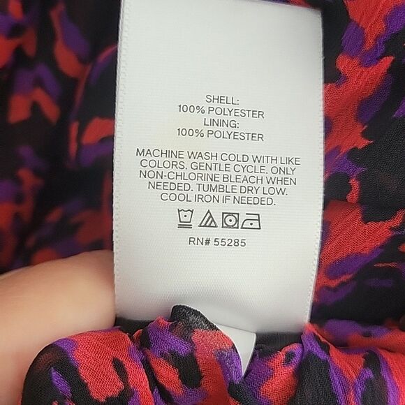 Express Abstract Print Faux Wrap Ruffle Mini Dress Small Red Black Purple - Picture 14 of 16